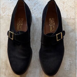 Salvatore Ferragamo Black Suede Monk Strap Oxfords with Gold Buckles